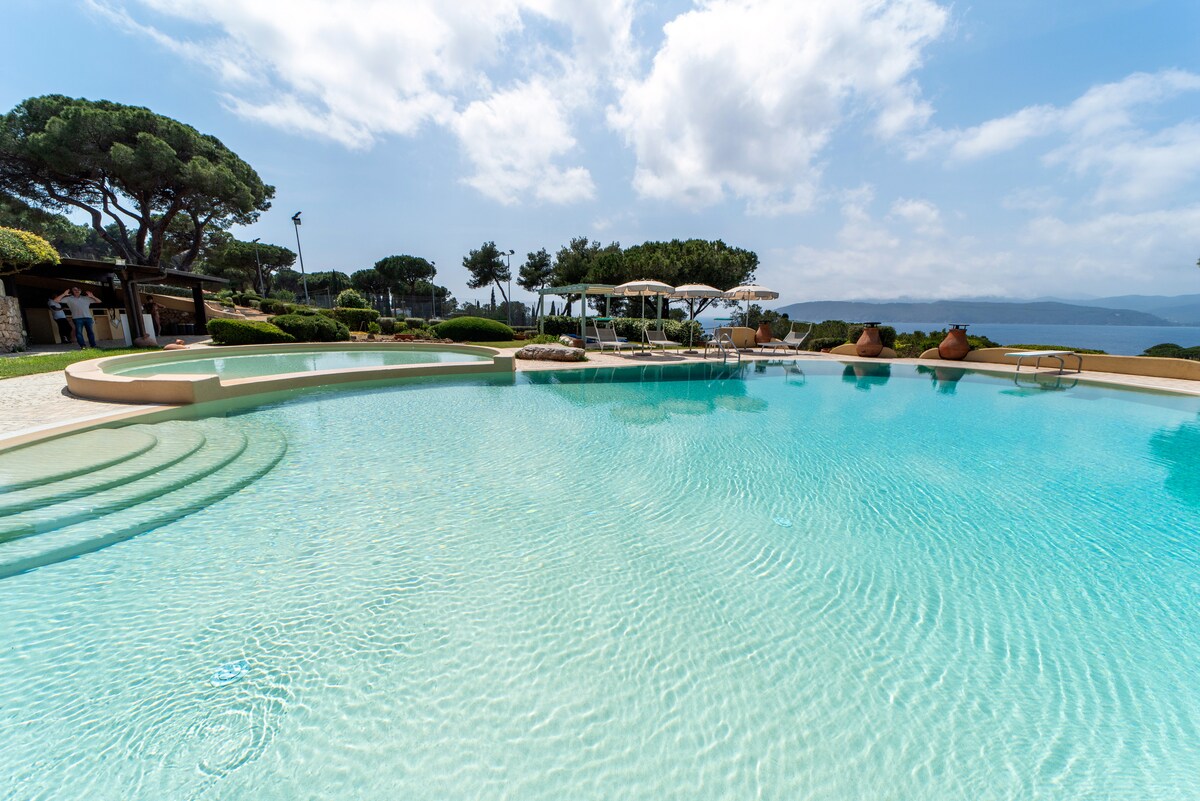 The swimming pool reflects a clear blue sky, framed by lush greenery. The pool area includes a shallow section and several sun loungers under umbrellas. The surrounding landscape features trees and a distant view of the sea, providing a serene setting.