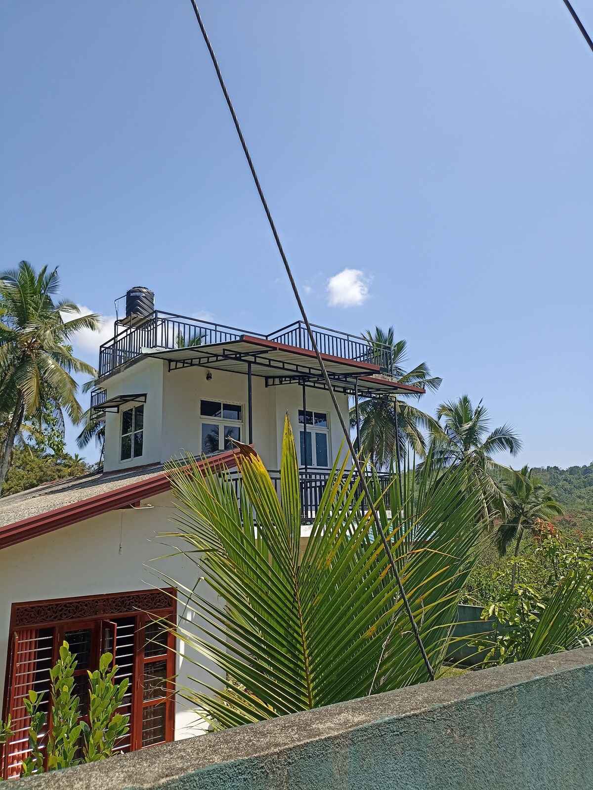 The exterior of a two-story house is visible, featuring a red-tiled roof and balcony. Lush greenery surrounds the property, with palm trees in the background. The clear blue sky adds to the serene atmosphere, while utility lines are seen crossing the image.