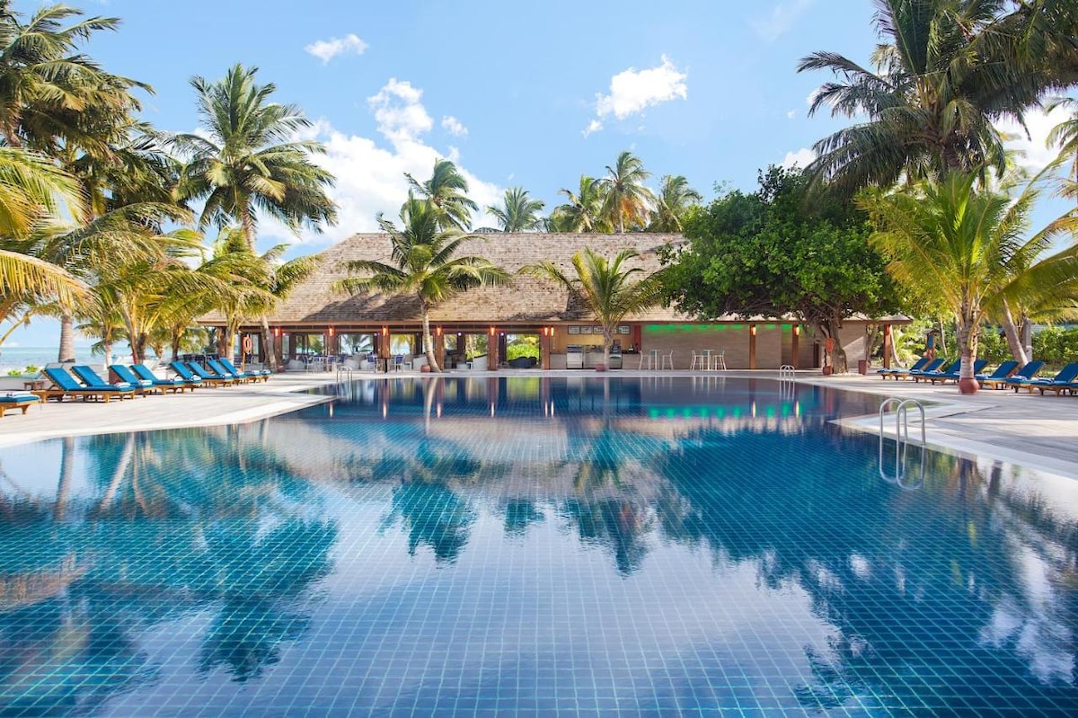 A spacious swimming pool is framed by sun loungers under palm trees. A thatched-roof building serves as a bar area, with seating visible in the background. The water reflects the blue sky and surrounding greenery, creating a serene environment.
