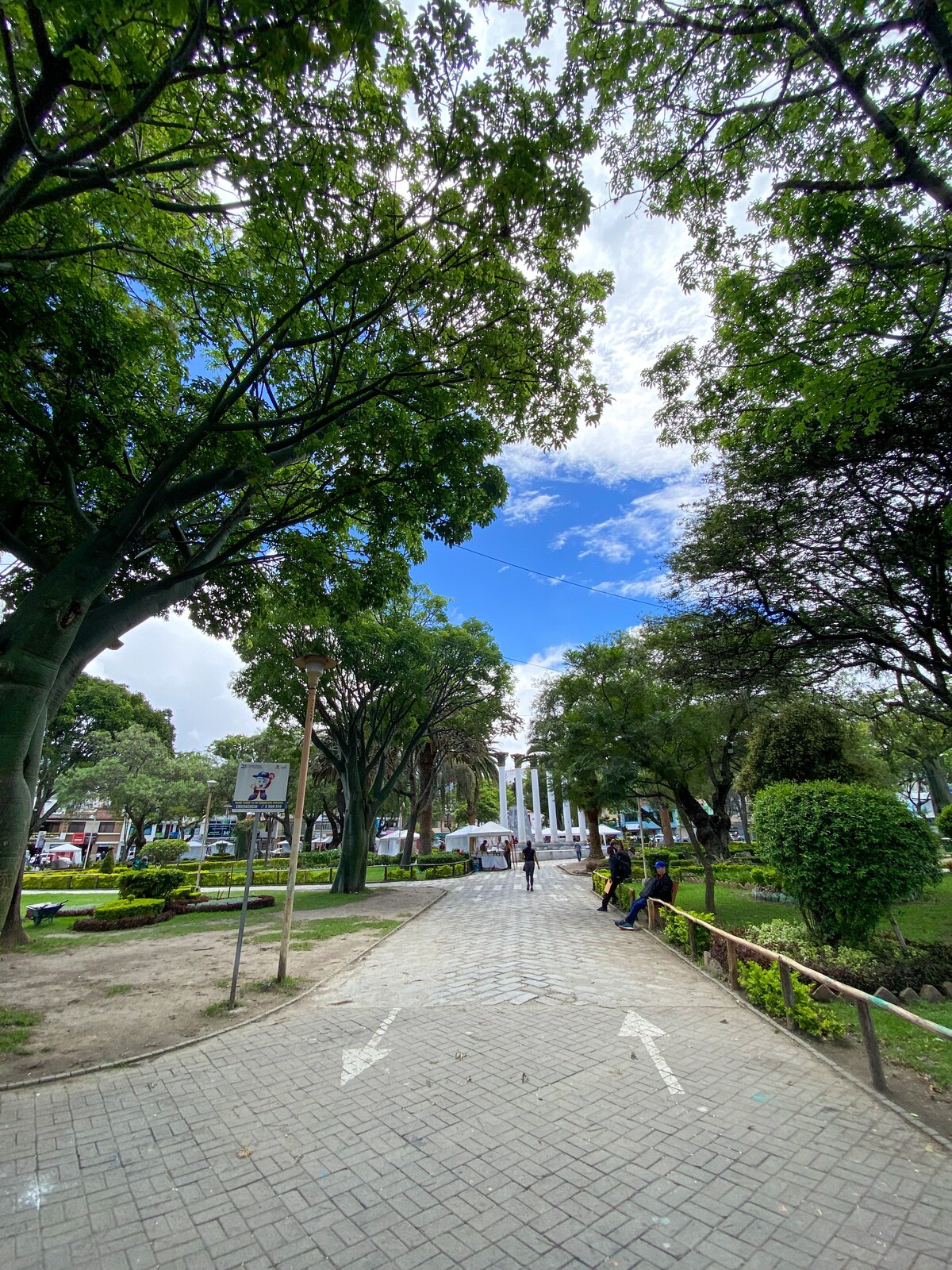 A wide pathway lined with lush green trees leads towards a public area. The sky is mostly clear, with a few clouds present. On either side of the path, manicured gardens and seating areas can be seen, inviting visitors to explore the surroundings.
