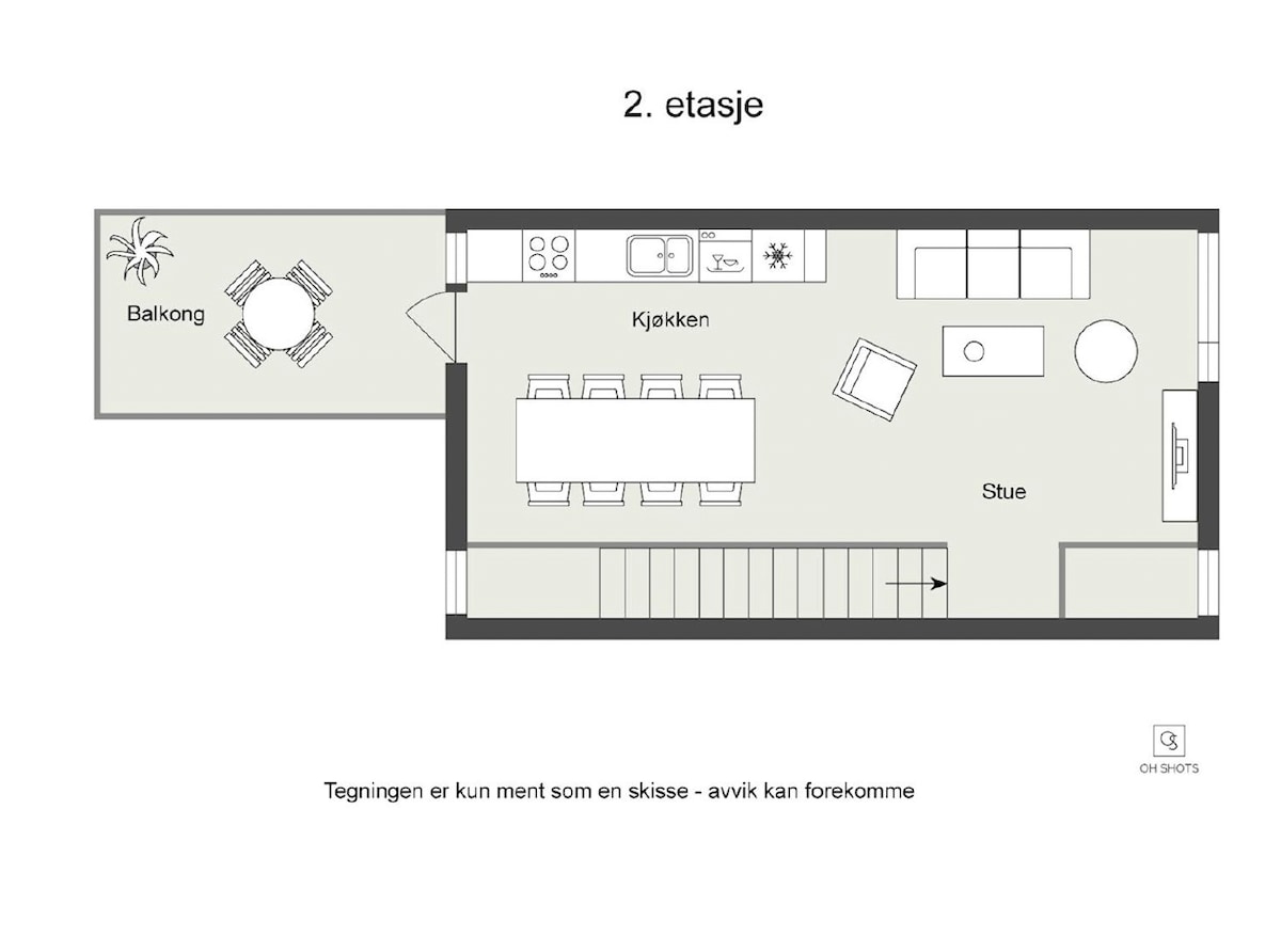 The floor plan outlines the second level of the property, featuring a kitchen, dining area, and living room. A balcony is indicated for outdoor access. The layout includes a long dining table with surrounding chairs and seating arrangements in the living area.