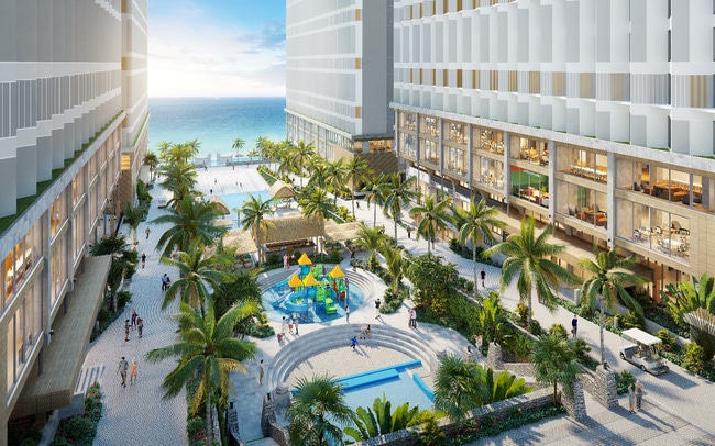 A spacious outdoor area features a vibrant pool surrounded by palm trees and sun loungers. Play structures are visible for children, while pathways lead toward the beach. Sunlight reflects off the water, highlighting the lively atmosphere created by the nearby structures and visitors.