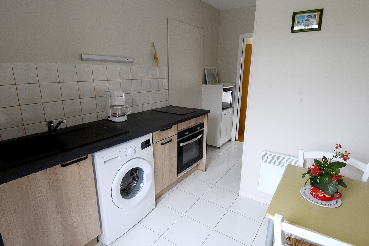A functional kitchenette features wood and white cabinetry, a black countertop, and essential appliances including a washing machine, oven, and coffee maker. A small dining table is set near the window, accompanied by a decorative plant in a pot and a framed picture on the wall.