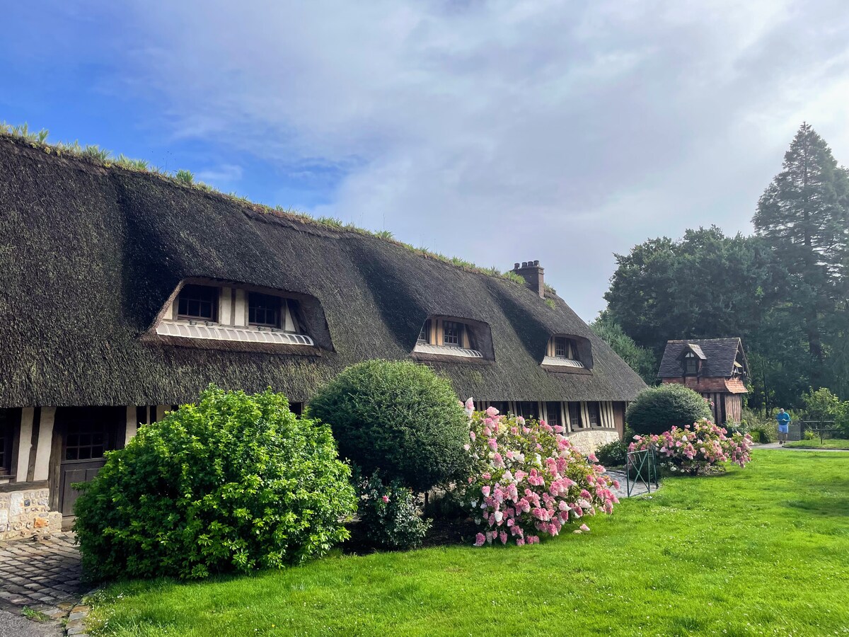 A charming thatched-roof house is surrounded by a lush green lawn, accented by colorful blooming flowers and carefully trimmed shrubs. The structure features multiple windows, blending rustic architecture with the natural landscape, under a lightly clouded sky.
