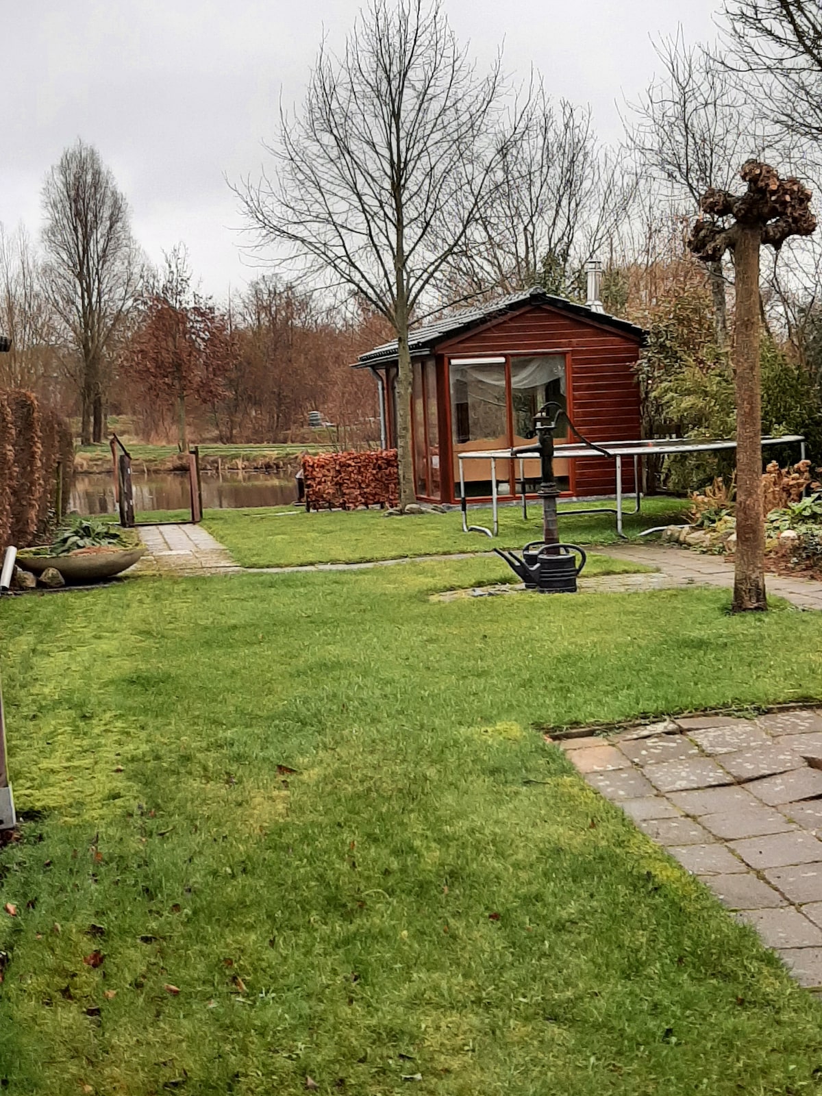A view of the outdoor space includes a wooden cabin framed by lush greenery and a small pond. A pathway made of pavers leads to the cabin, with neatly arranged logs nearby. Vegetation and a clothesline add to the serene natural setting.
