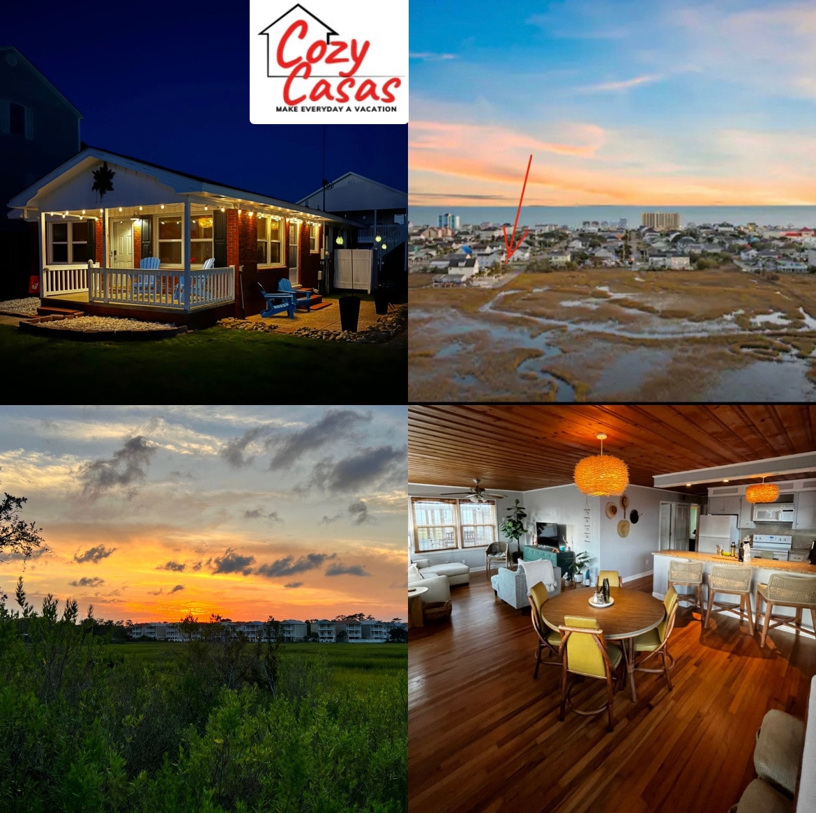 A charming bungalow exterior is illuminated at night, featuring a welcoming front porch with comfortable seating. A spacious living area is visible through the windows, while the background highlights a serene view of the surrounding landscape. Sunset colors create a tranquil atmosphere.