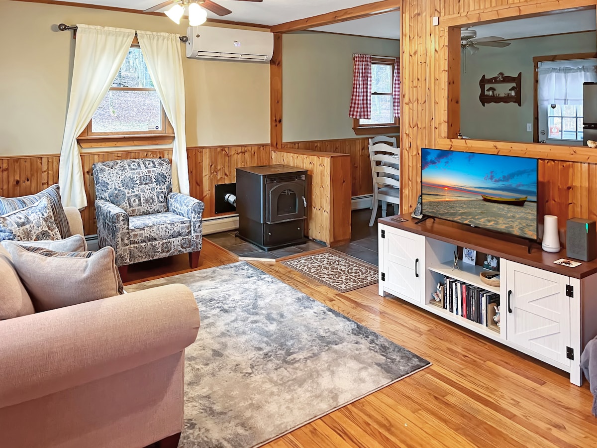 A welcoming living area features a pair of patterned armchairs and a cozy sofa positioned on a neutral area rug. A coffee table stands in front of the seating. A wood stove is visible next to a TV console showcasing a scenic display, and natural light filters through the window drapes.