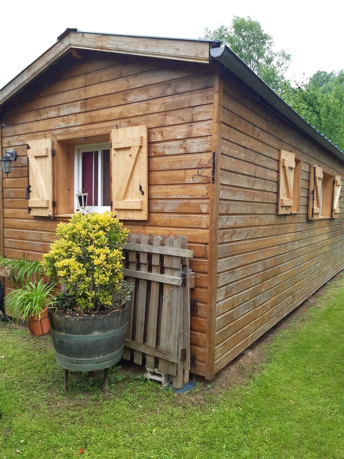 The exterior of a wooden chalet is seen, featuring rustic clapboard siding with warm brown tones. A plant in a large pot adds greenery near the entrance, complemented by a wooden fence. Shuttered windows contribute to the charm of the cozy structure.