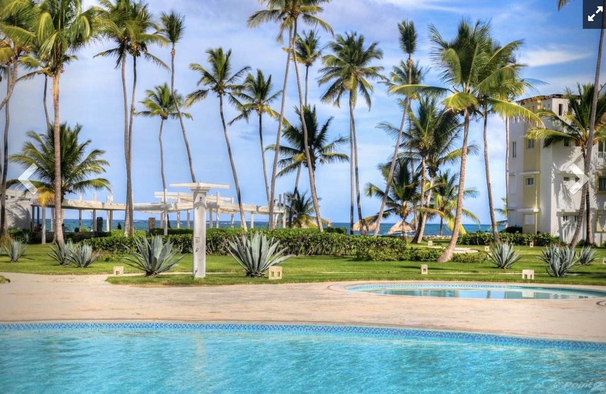 A serene outdoor pool area is framed by lush palm trees and landscaped greenery. Clear water glistens in the pools, and the ocean is visible in the background, enhancing the inviting atmosphere of this beachfront community.