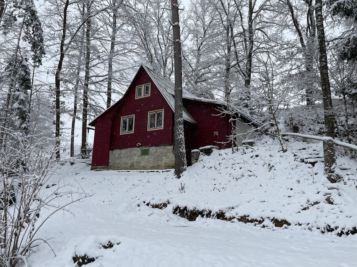 A red cabin with a gabled roof is nestled in a snowy landscape, surrounded by bare trees. Snow covers the ground and clings to the branches, creating a serene winter scene. The entrance of the cabin is partially visible, set against the natural backdrop.