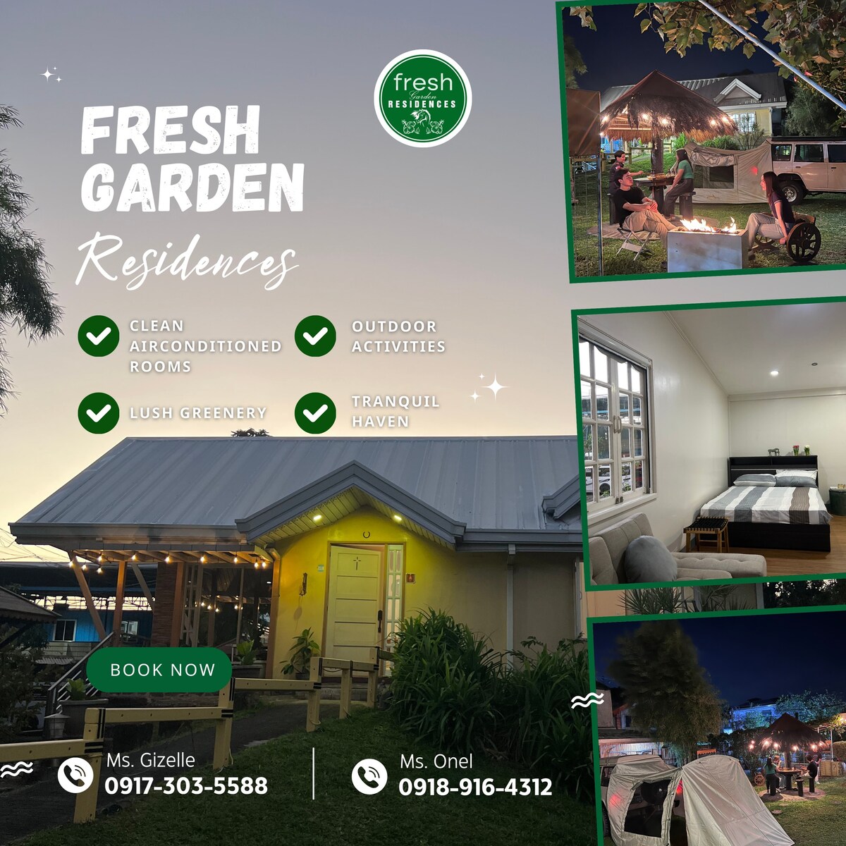 A charming accommodation is depicted, featuring a clean, well-maintained exterior surrounded by lush greenery. The image also highlights outdoor activities, with comfortable seating arranged around a fire pit under ambient lighting, inviting relaxation in a tranquil setting.