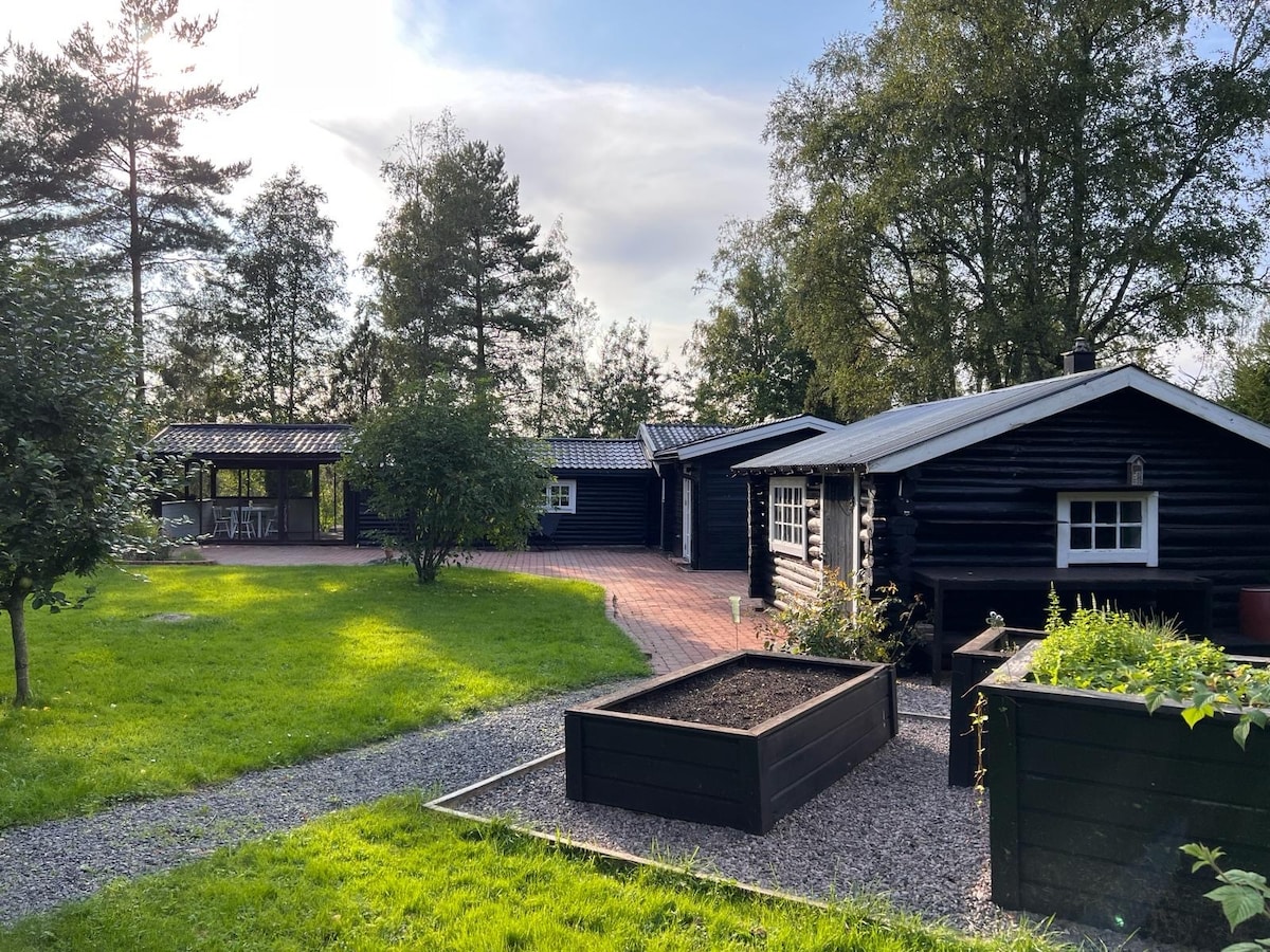 A charming black wooden cabin is set against a backdrop of trees, with a spacious outdoor area featuring a garden and a gravel path. The layout includes a covered porch and additional buildings, creating a serene environment for relaxation and exploration.