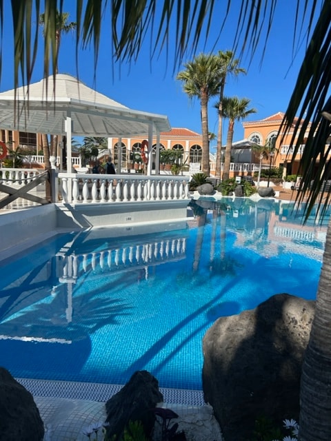 A serene swimming pool is framed by palm trees and lush greenery. Comfortable loungers are positioned around the pool, and a gazebo with a white roof offers shade. The bright blue water reflects the clear sky, creating a tranquil atmosphere.