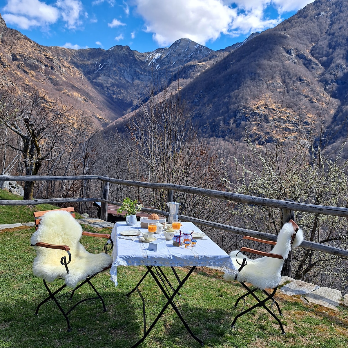 A dining table set for a meal is positioned outdoors, overlooking a mountainous landscape. Two chairs, adorned with soft white throws, frame the table, which holds various breakfast items and beverages. Leafless trees and grassy areas surround the setting, under a partly cloudy sky.