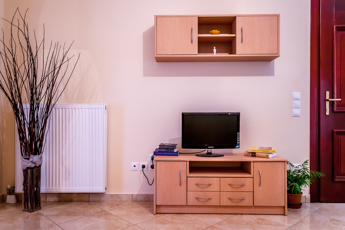 Телевизорот спроти каучот во дневната соба.