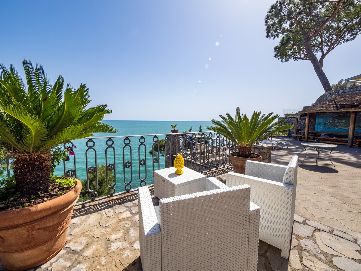 A private terrace is adorned with two white wicker armchairs facing stunning sea views. Potted palms add greenery to the setting, while a stylish centerpiece sits on a table. The sunlit space offers a serene atmosphere for relaxation.