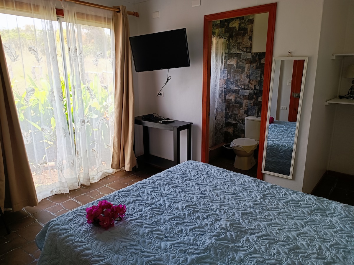 A spacious bedroom features a large bed adorned with a light blue coverlet and a decorative floral arrangement. Natural light filters through sheer curtains, illuminating a television mounted on the wall and a sleek table. A bathroom is visible through an open doorway, adding convenience.