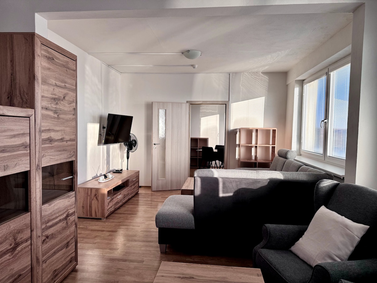 A well-lit living area features a gray sectional sofa and a wooden coffee table. A television is mounted on a modern console, complemented by a fan nearby. Large windows allow natural light to illuminate the space, with additional furniture arranged for convenience.