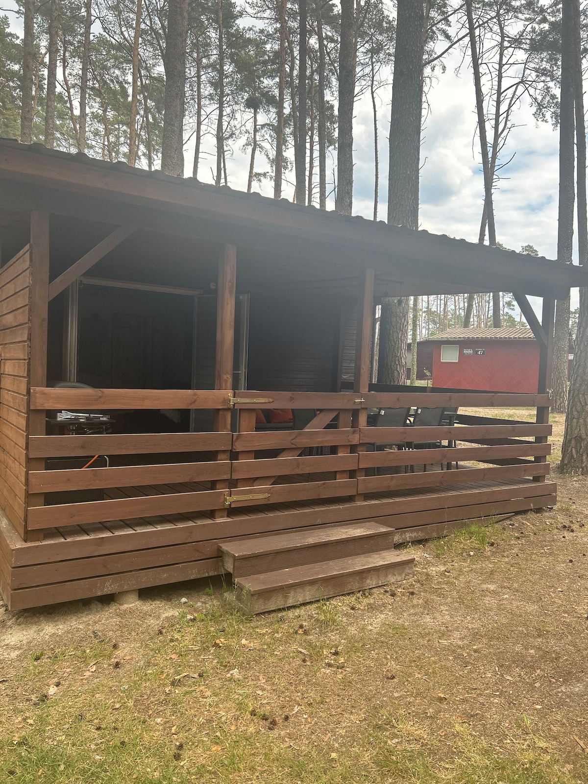 A wooden cabin is nestled among tall trees, featuring a covered porch with railings. Steps lead up to the entrance, and outdoor seating is visible on the porch. A nearby structure is seen in the background, surrounded by natural landscaping.