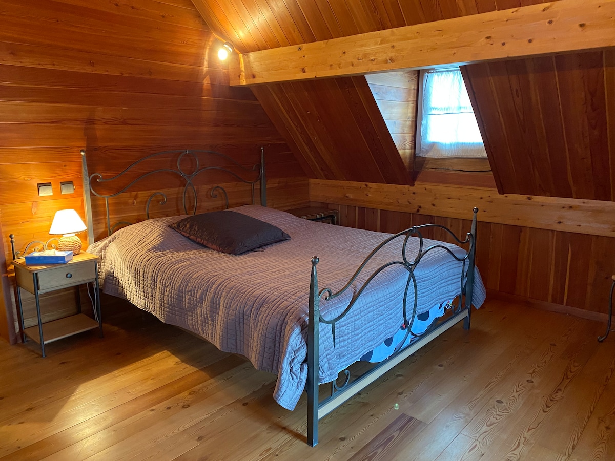 A spacious bedroom is presented with warm wooden walls and a sloped ceiling. A large bed with a gray coverlet is positioned centrally, complemented by a bedside nightstand with a lamp. Soft natural light filters in through a window, enhancing the serene atmosphere.