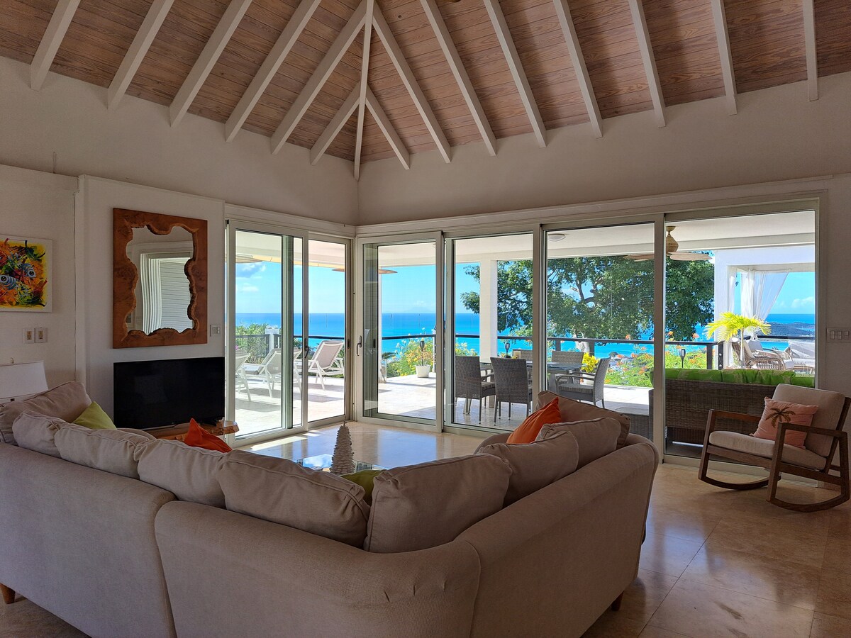A spacious living area features large glass doors that open to outdoor seating and views of the Caribbean Sea. A neutral-colored sofa is positioned centrally, adorned with colorful cushions. High, wood-paneled ceilings create an airy feel in the bright, inviting space.