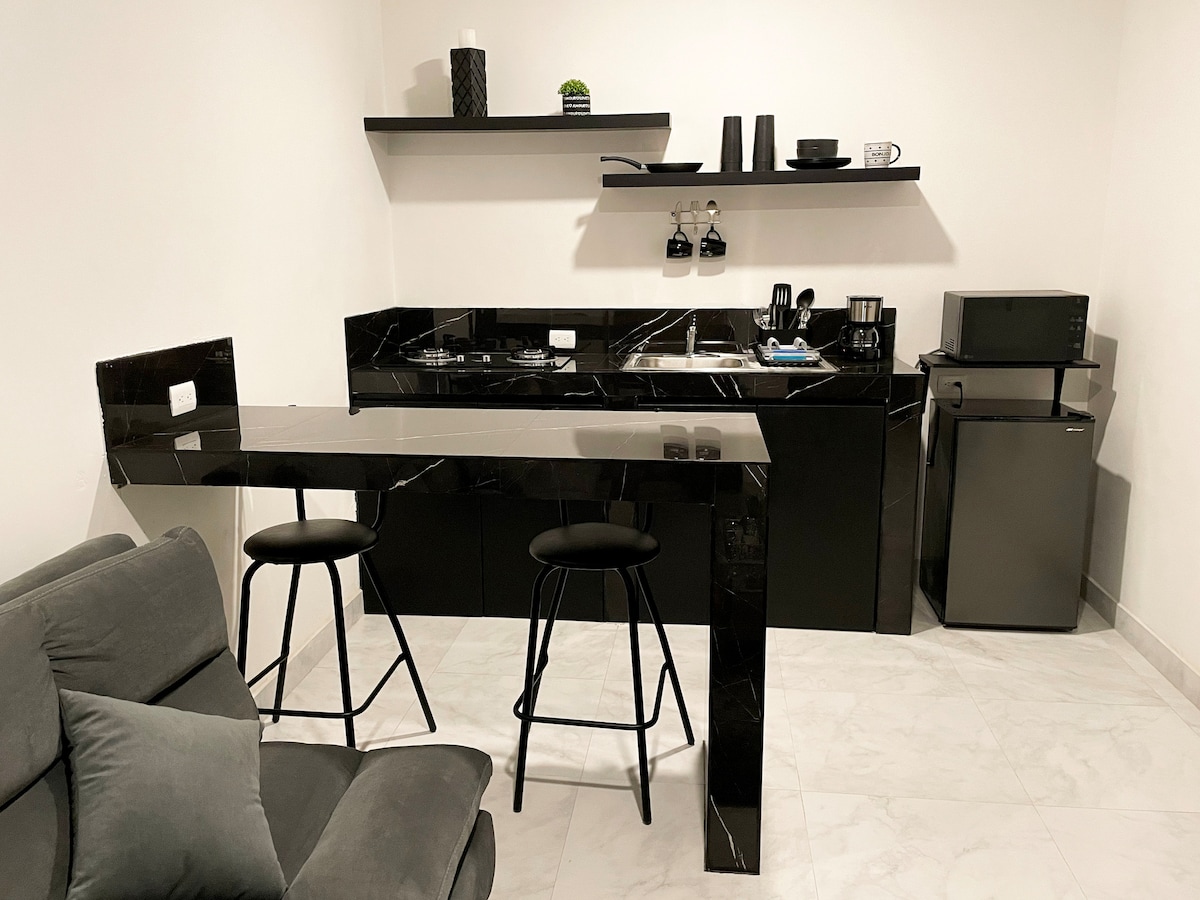 A modern kitchen area is presented with sleek black cabinetry and matching countertops. An electric stovetop, microwave, and mini-fridge are visible, alongside a coffee maker and tableware. Two bar stools are positioned at a compact breakfast bar, creating an inviting dining space.