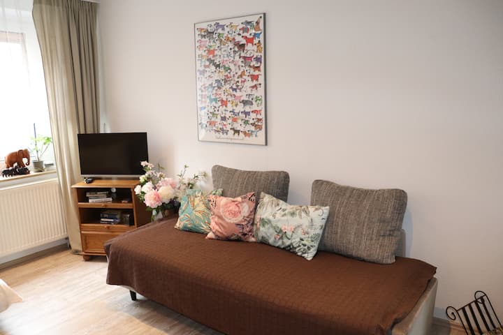 Obývacia izba s posedením alebo inými možnosťami na spanie. 