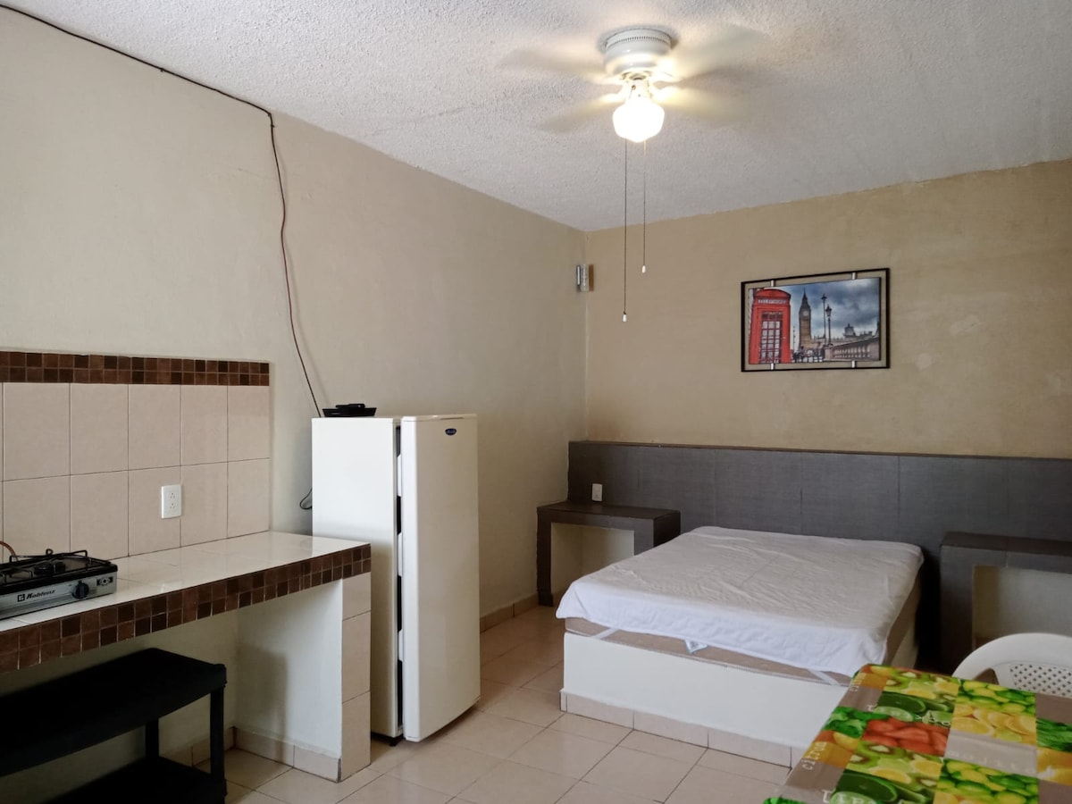 A simple room layout includes a spacious bed and a small kitchenette. A refrigerator and a gas stove are positioned along a tiled counter. A ceiling fan provides airflow, while a wall-mounted artwork adds a touch of decor to the neutral-colored walls.