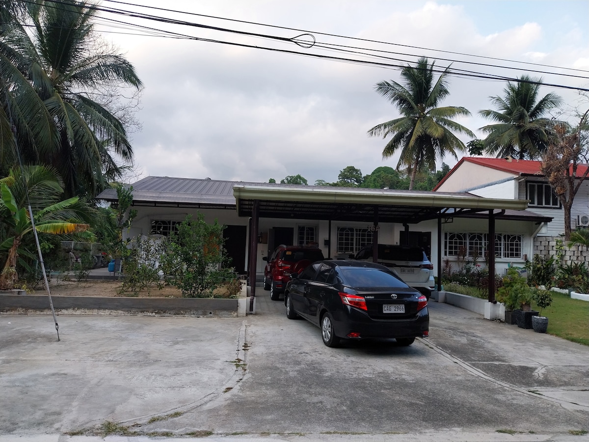 A spacious outdoor area is visible, featuring a parking space with multiple vehicles under a shaded carport. Tropical palm trees and shrubbery are present along the edges of the property, while the main entrance of the house showcases a welcoming facade.