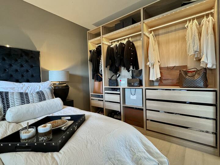 Plenty of wardrobe space with LED lights.