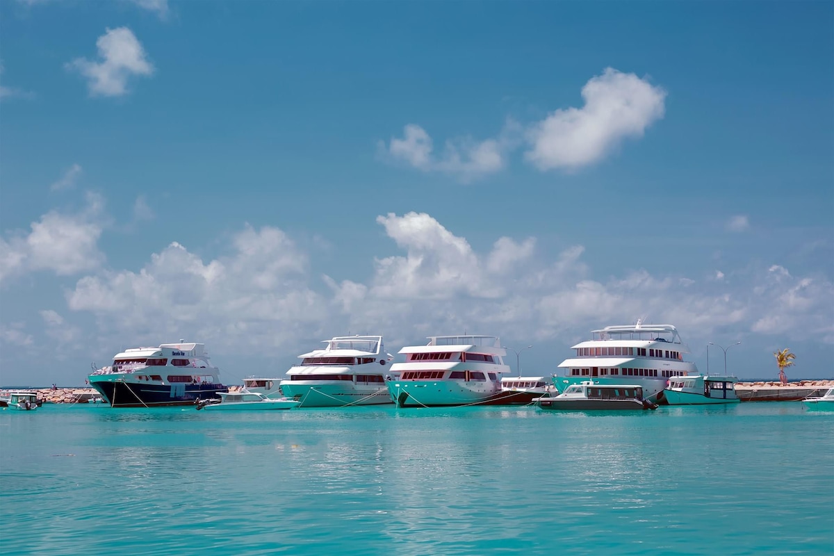 Several boats are anchored in calm turquoise waters, showcasing a variety of sizes and hull colors. Fluffy white clouds drift across a bright blue sky, creating a serene backdrop for this coastal scene.