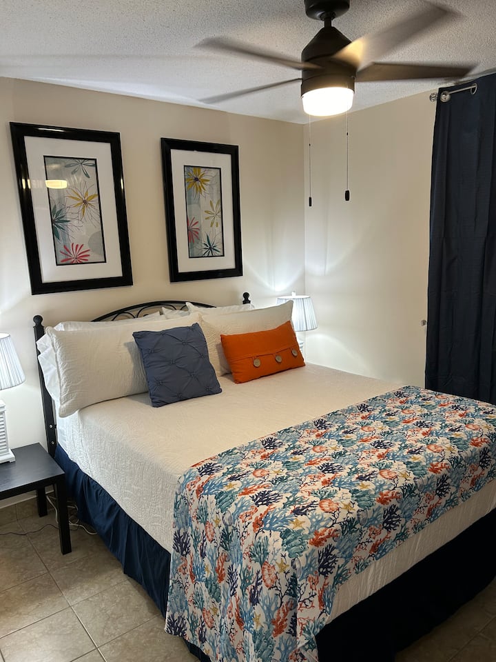 Brand new queen deluxe firm mattress! Two bed side tables and beautifully decorated master bedroom