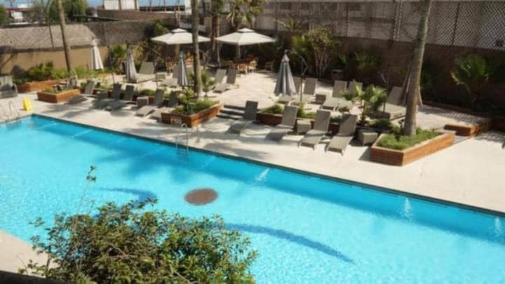 A large outdoor pool is surrounded by sun loungers and umbrellas, with lush greenery and palm trees dotting the landscape. The clear water reflects the sky, creating a serene environment ideal for relaxation.