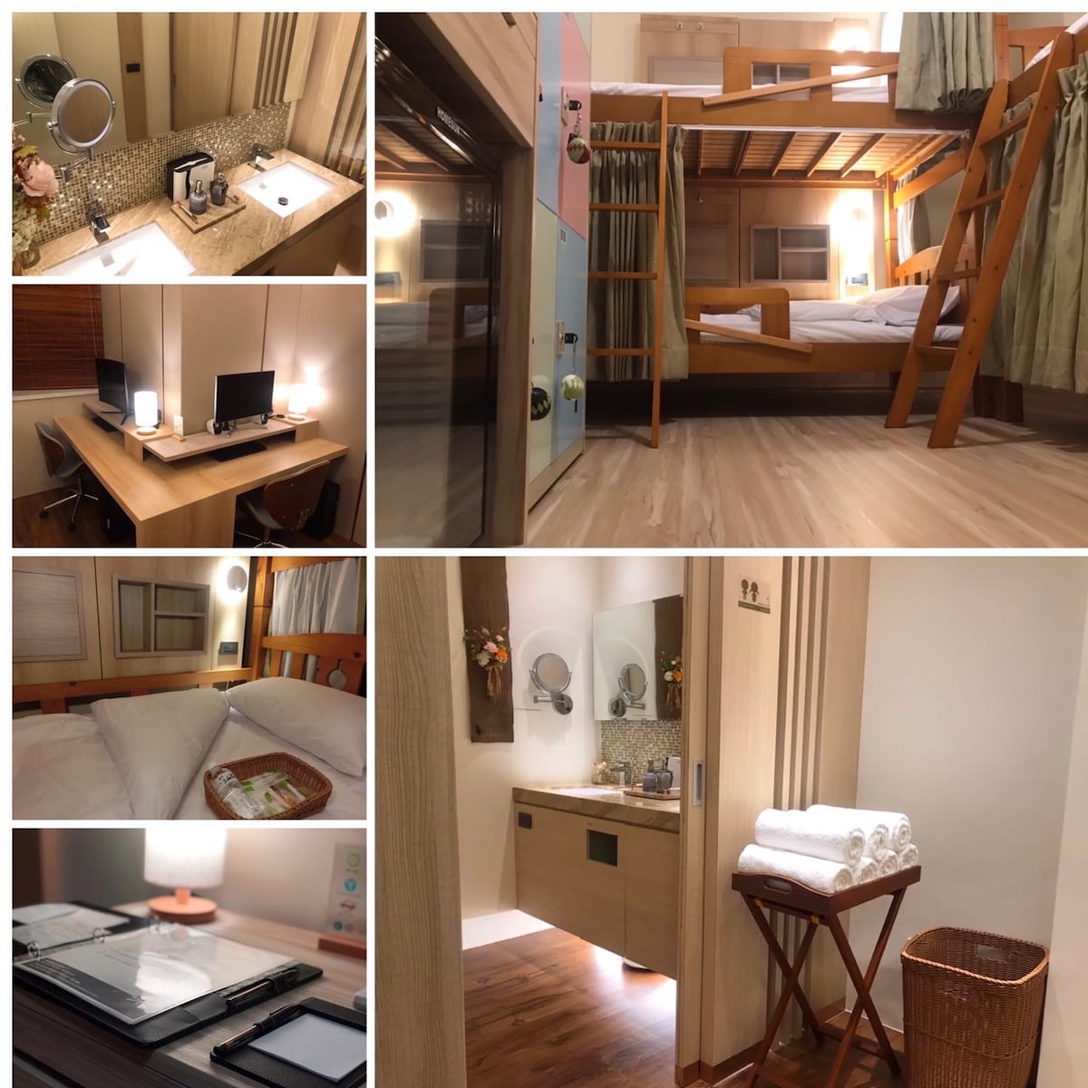 A multi-functional space is presented, featuring a lofted bed with a lower sleeping area. A desk with two computers is positioned alongside a compact bathroom area. Neatly arranged towels and toiletries are provided on a wooden shelf, and soft lighting is emitted from various fixtures.