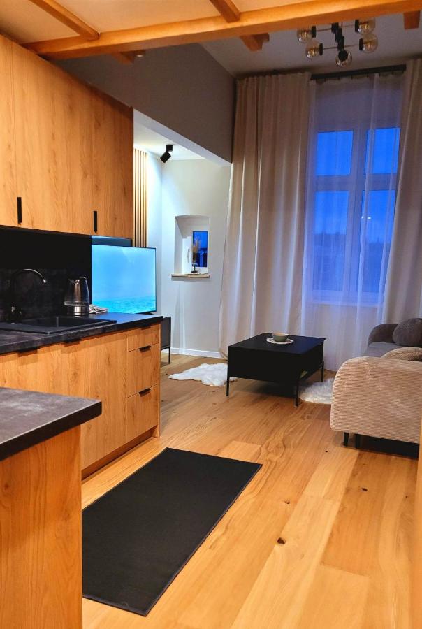 The kitchen area features wooden cabinetry and a black countertop, with a kettle visible. An entertainment unit displays a television, and a small coffee table is positioned on the wooden floor. Natural light filters through a large window, accentuated by curtains.