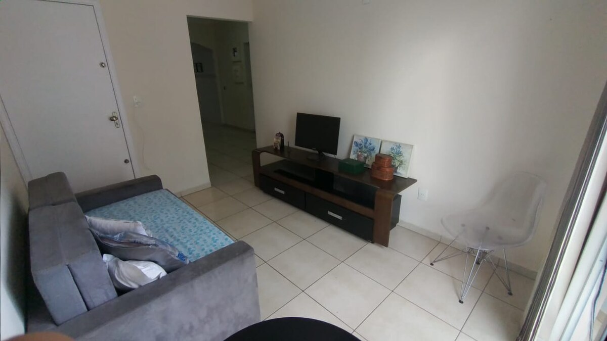 A well-lit living area features a gray sofa bed and a sleek dark wood television stand. A flat-screen TV is positioned on the stand, with a decorative plant sitting next to it. A clear plastic chair is placed nearby, complementing the neutral-toned walls and tiled flooring.