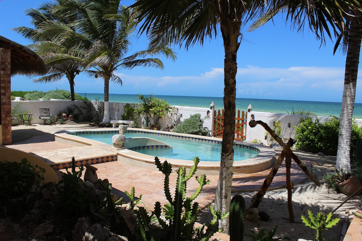 A tranquil outdoor area features a curved pool surrounded by palm trees, with views of the beach and ocean beyond. Natural stone elements and lush greenery enhance the landscaped space, while a pathway leads to the beach access through a decorative gate.