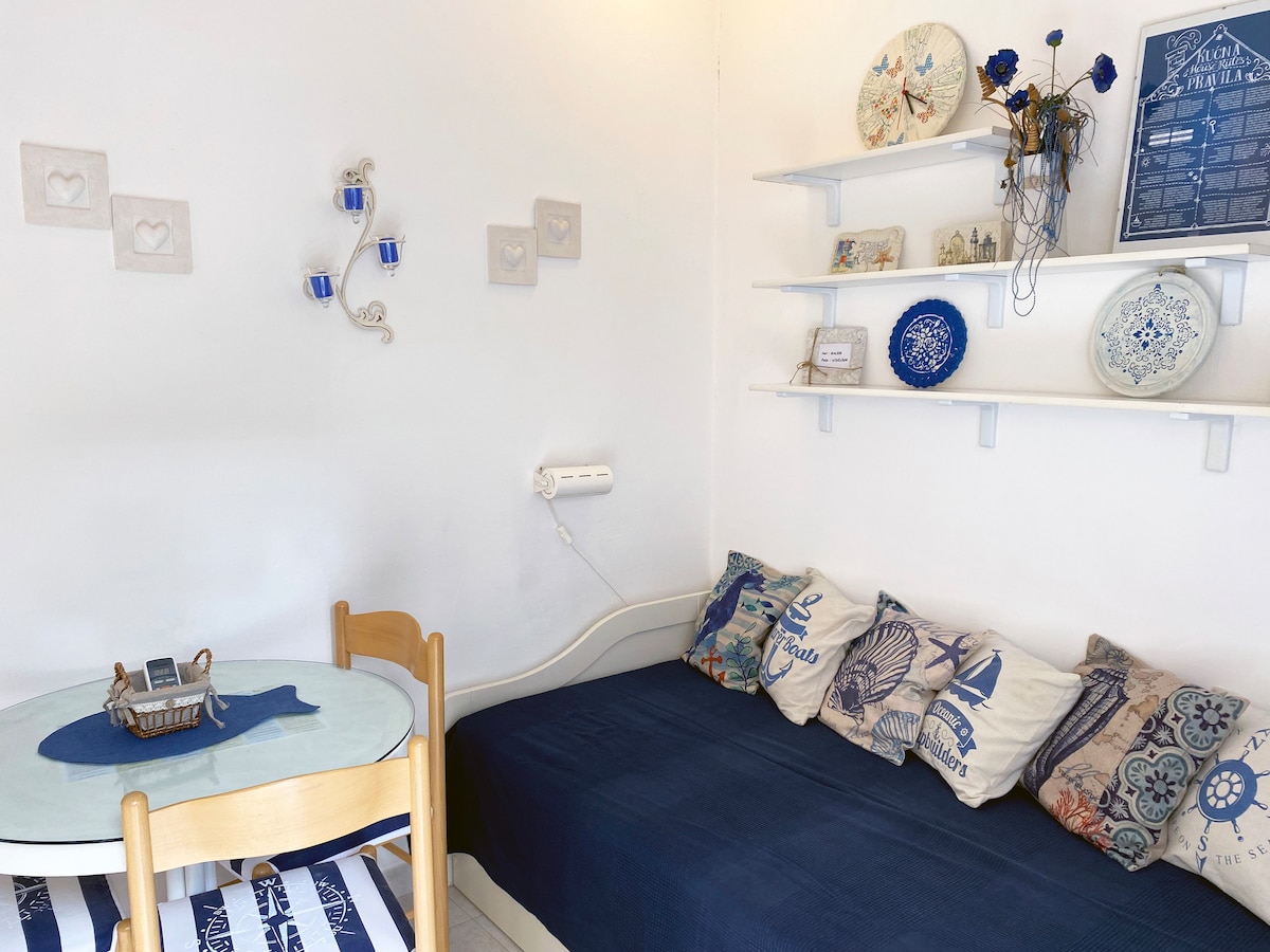 غرفة الطعام وغرفة المعيشة. إمكانية استخدام سرير إضافي لضيف ثالث.