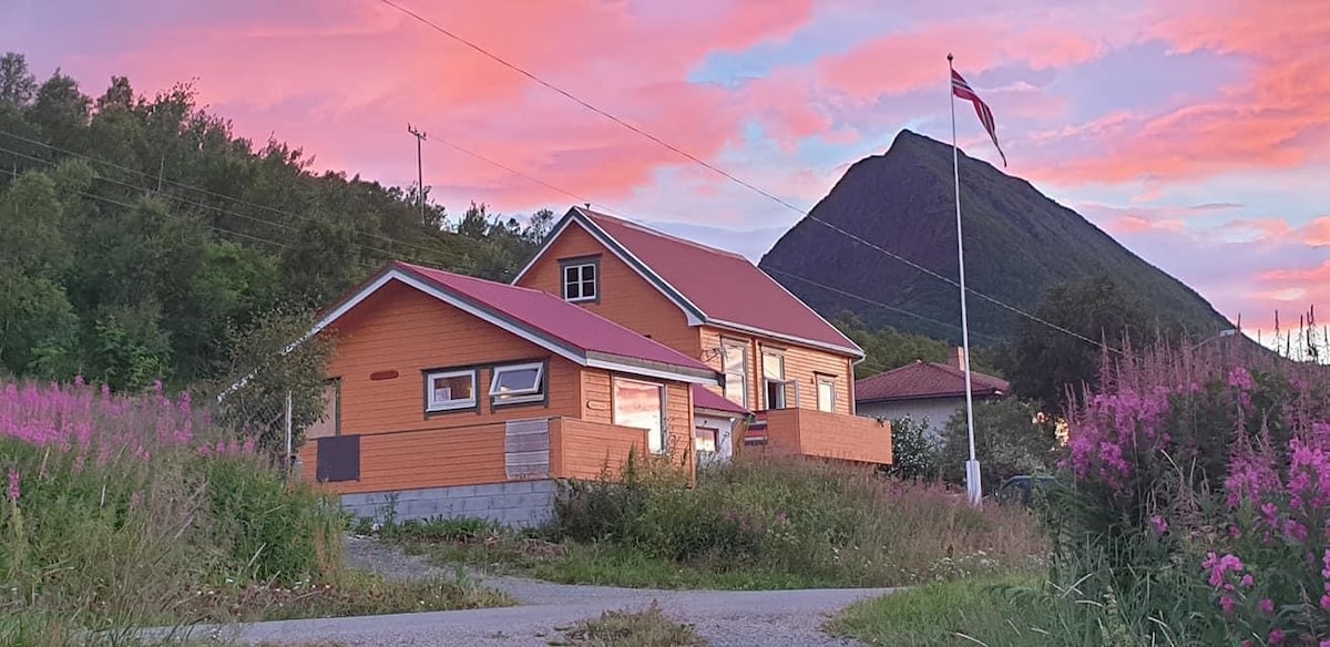 A charming wooden house is framed by blooming flowers in the foreground and a mountain backdrop. The structure features a sloped red roof and bright exterior walls, while a flag is displayed prominently. A serene sky glows with pastel colors at dusk, adding to the natural beauty.