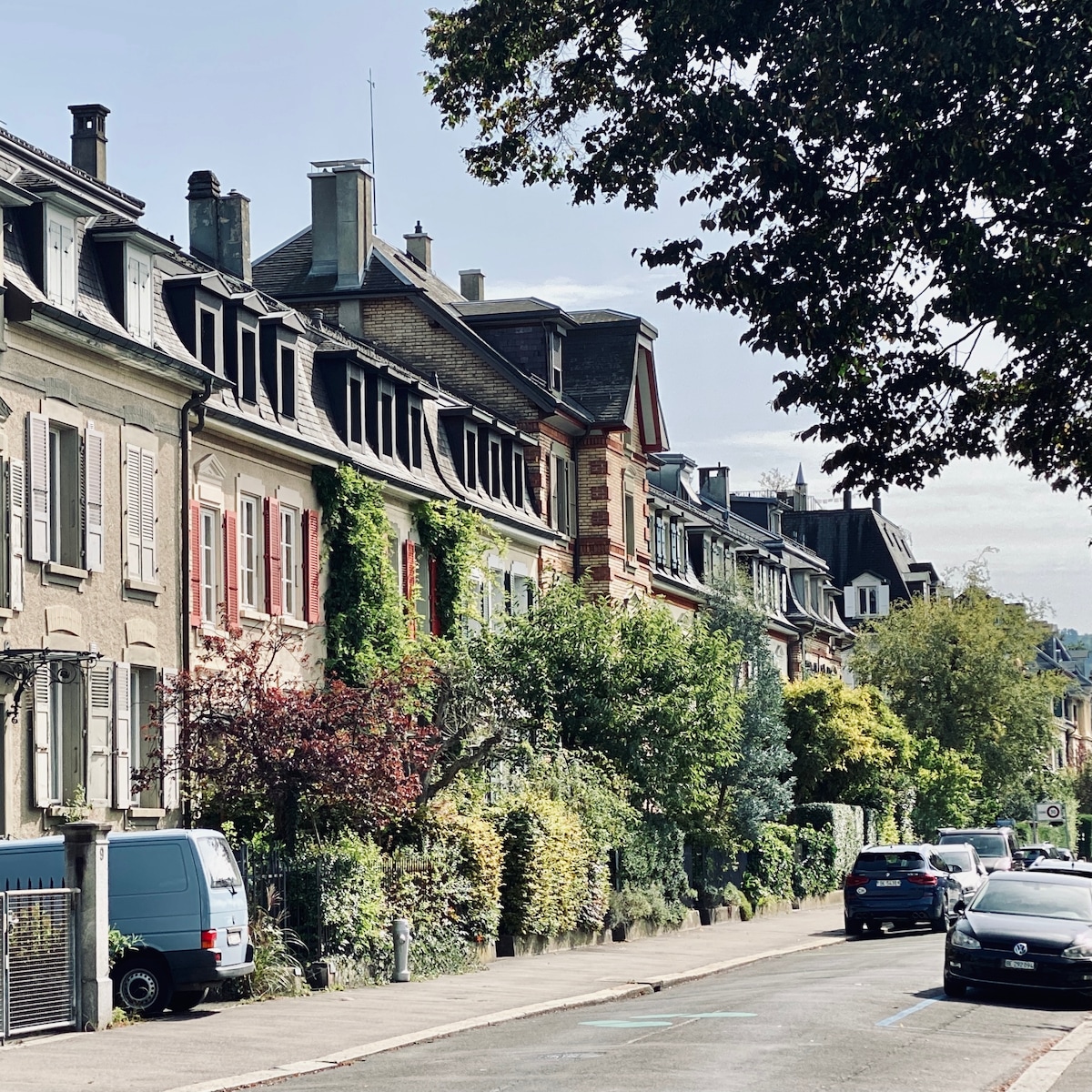 A charming street is lined with traditional buildings featuring ornate facades and colorful window shutters. Lush greenery and decorative plants add vibrancy along the sidewalks, while parked cars are visible on the street, blending with the serene residential atmosphere.