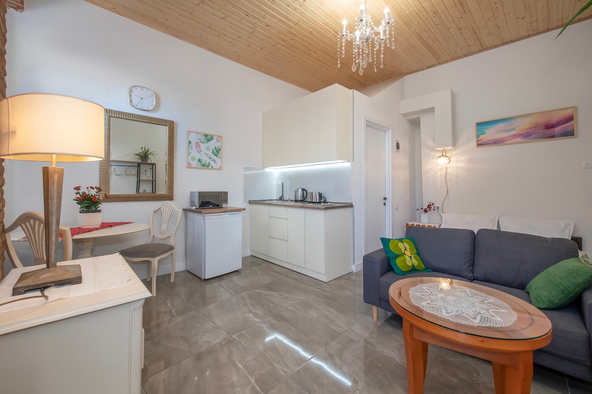A modern studio apartment features an open layout with a cozy sitting area, a dining table, and a compact kitchen space. Natural light illuminates the room, highlighting the wooden ceiling and elegant chandelier. Colorful artwork adds vibrancy to the well-designed space.