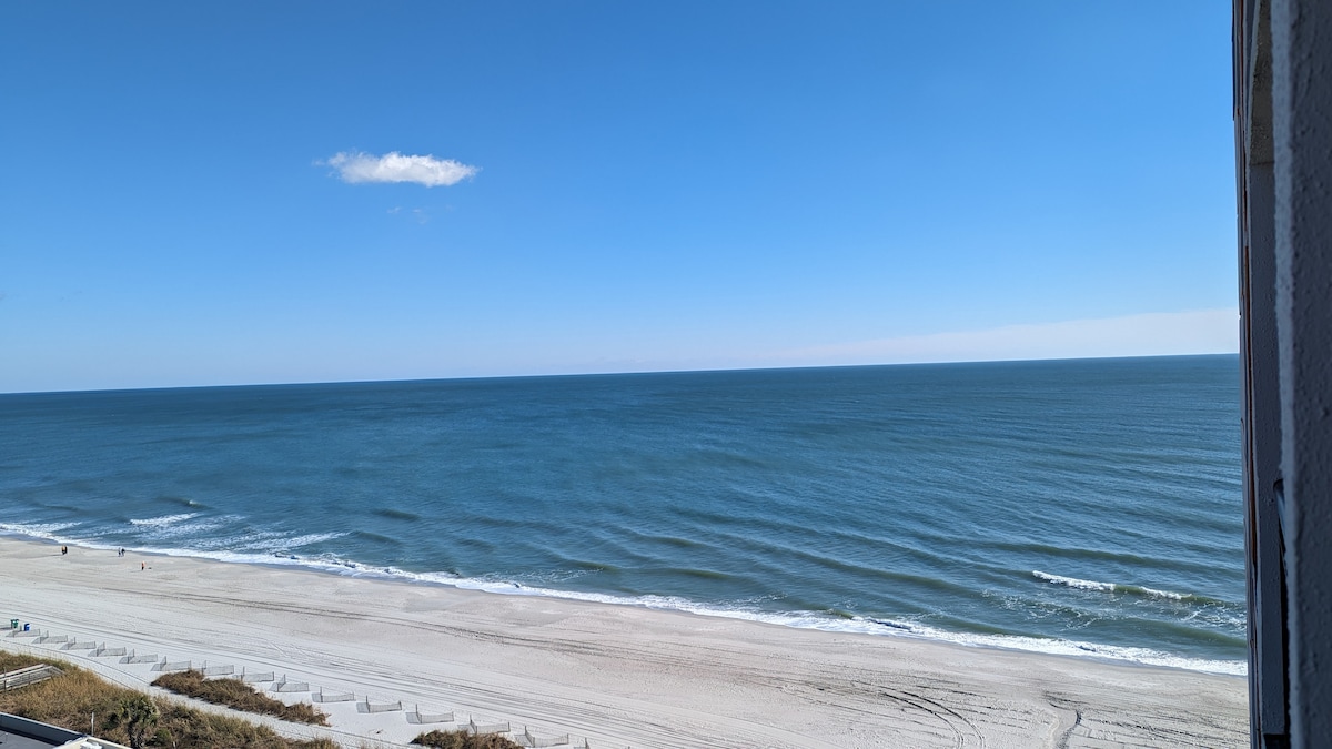 A wide view captures the expansive Atlantic Ocean meeting a bright blue sky. Gentle waves ripple towards a sandy beach lined with sparse vegetation. The picture reflects a serene seaside landscape, offering a sense of tranquility and openness.