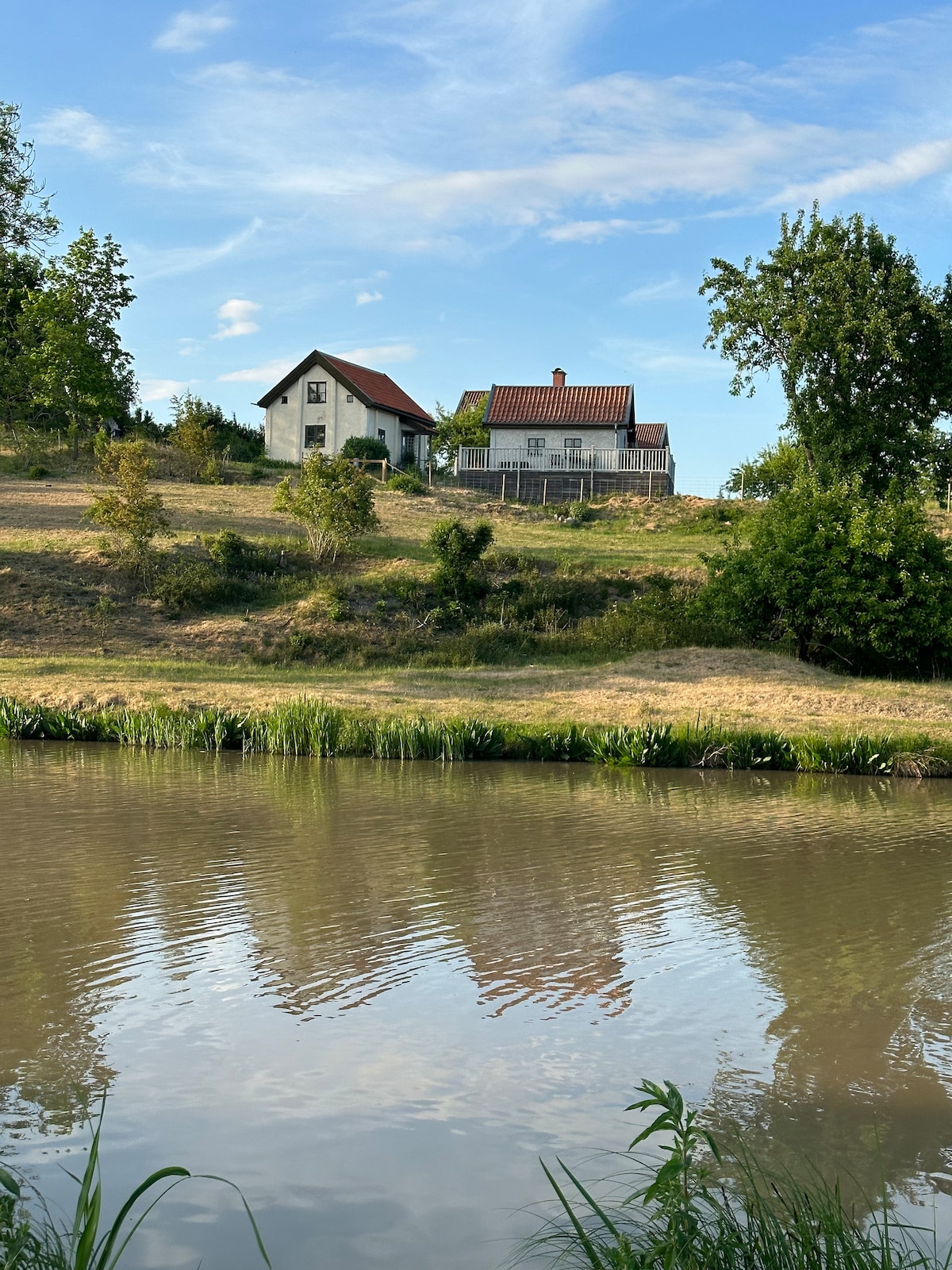 A natural landscape is depicted, with a serene water body reflecting a distant two-story home. The house sits on a gently sloping hill, surrounded by grassy areas and scattered trees, creating a peaceful rural setting.