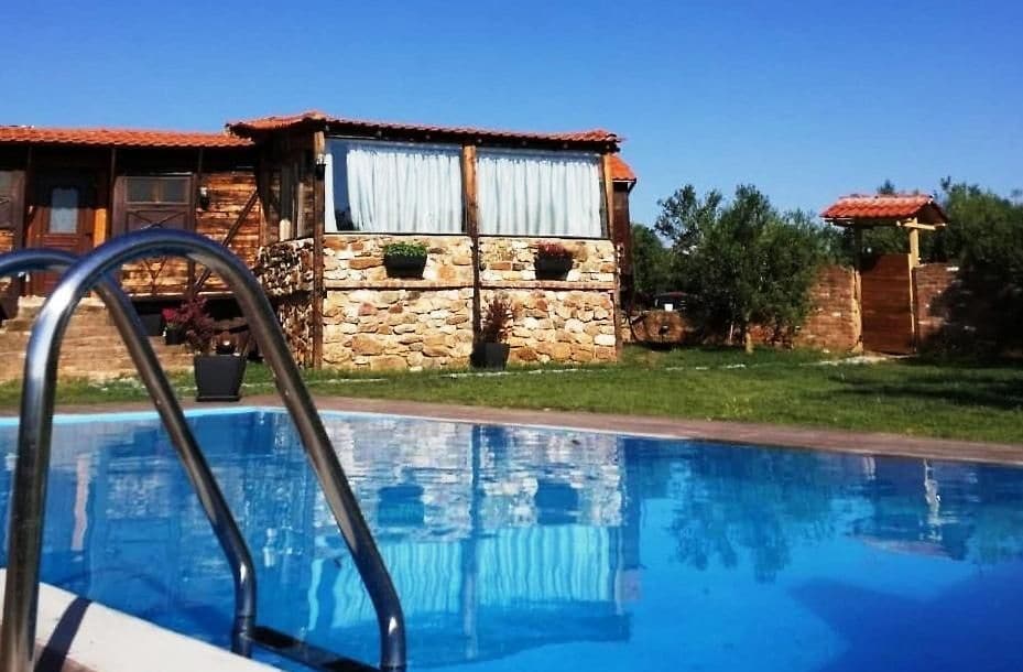 A clear blue pool reflects the sunny sky, with a wooden structure visible in the background. The building features large windows draped with light fabrics and is surrounded by lush greenery and potted plants. A stone wall adds texture to the serene outdoor space.