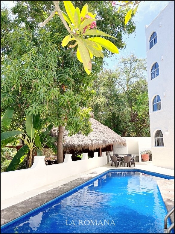 A refreshing swimming pool is bordered by sunlit patio areas, surrounded by lush greenery and palm trees. A thatched-roof palapa is nearby, providing shaded seating for outdoor gatherings. The white wall around the property offers a private and tranquil feel.