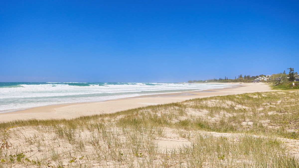 A wide view of a sandy beach stretches under a clear blue sky, with gentle waves rolling onto the shore. Lush green grass lines the beach, creating a natural separation between the sand and the nearby landscaping.