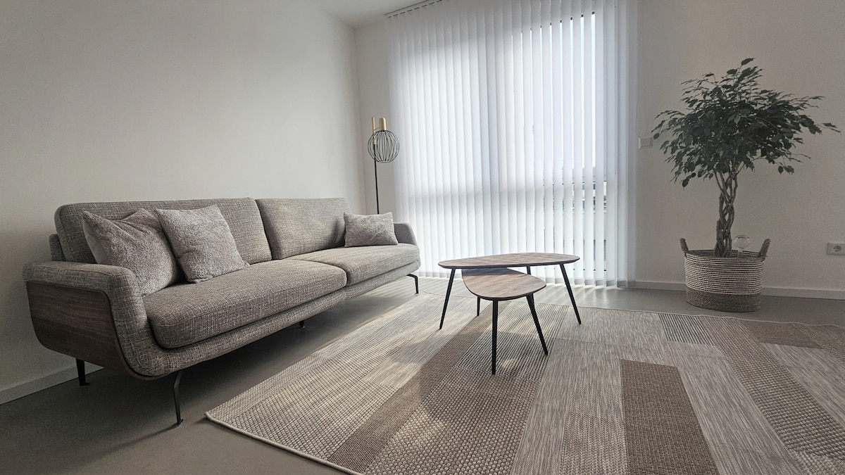 A modern living room features a comfortable gray sofa positioned across from a low coffee table. Natural light enters through large windows covered with vertical blinds, and a potted plant adds a touch of greenery. The soft area rug underfoot displays a neutral-toned pattern.