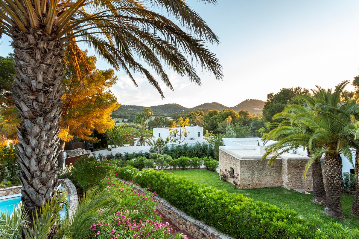 Lush greenery surrounds the property, featuring well-maintained gardens and palm trees. The view includes rolling hills in the distance, bathed in soft light, emphasizing the peaceful outdoor setting next to a refreshing pool.