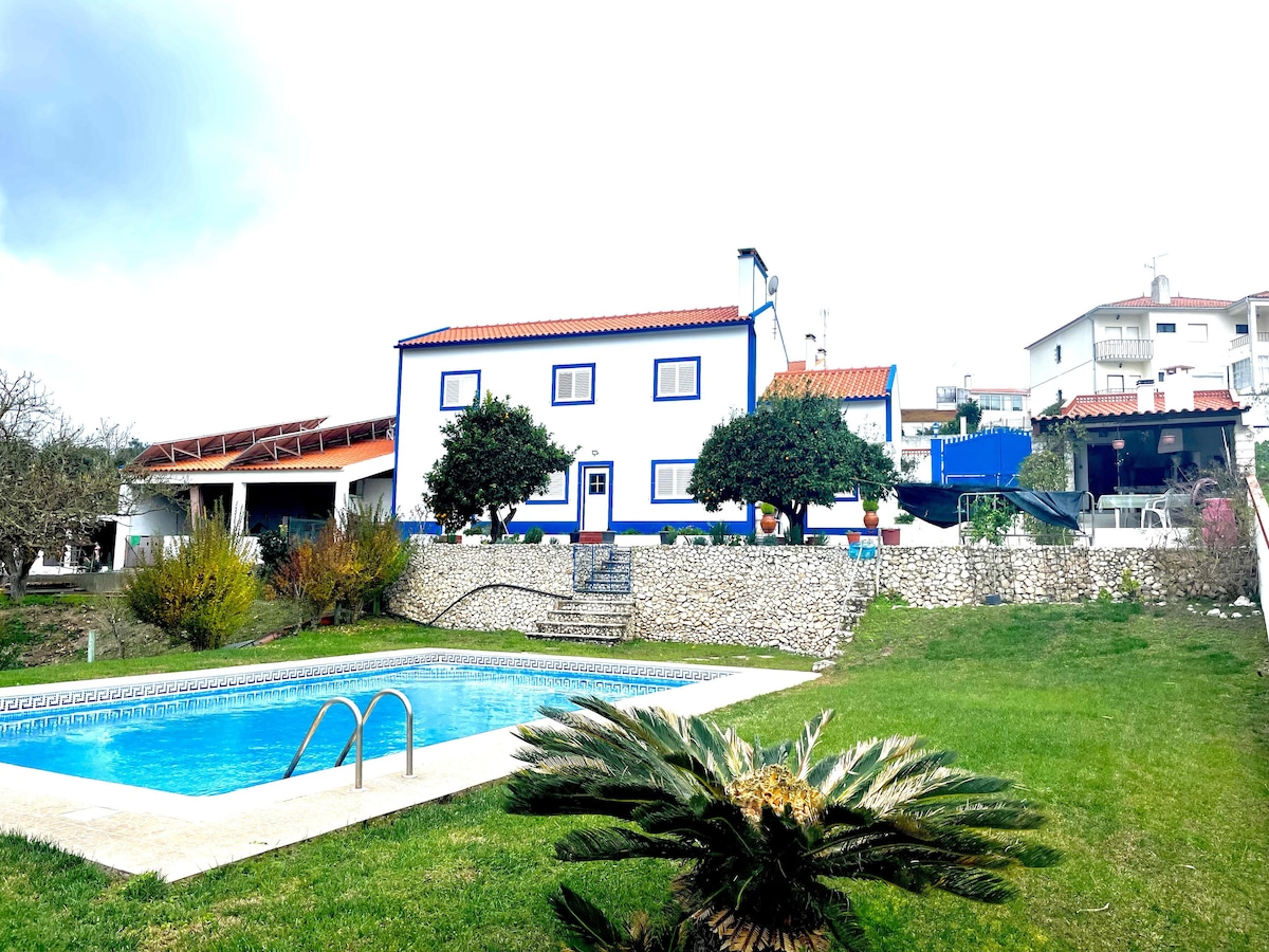 A two-story house features a white and blue exterior, framed by a lush green lawn and a swimming pool. The surrounding garden includes various trees and outdoor seating, with a terrace visible in the background. The tranquil setting offers a spacious area for relaxation.