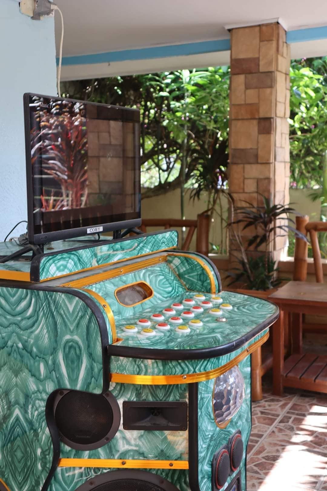 A colorful jukebox, crafted with a green and yellow design, is positioned beside a wall-mounted television. Surrounding greenery creates a serene ambiance, while wooden furniture is visible in the background, inviting relaxation in this shared outdoor space.